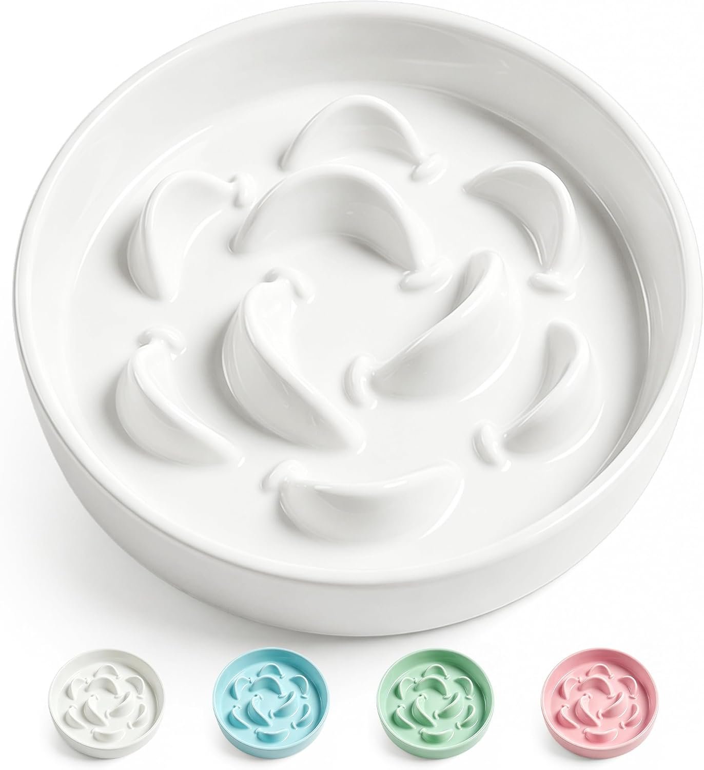 Ceramic Slow Feeder Dog Bowl, 2 Cups Non-Slip Slow Feeding Dish, White