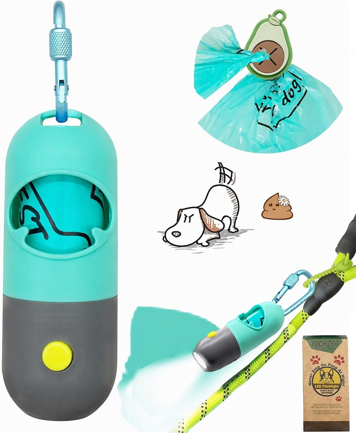 YUCHIYA Dog Poop Bag Holder Dispenser with LED Flashlight(Crystal Blue)