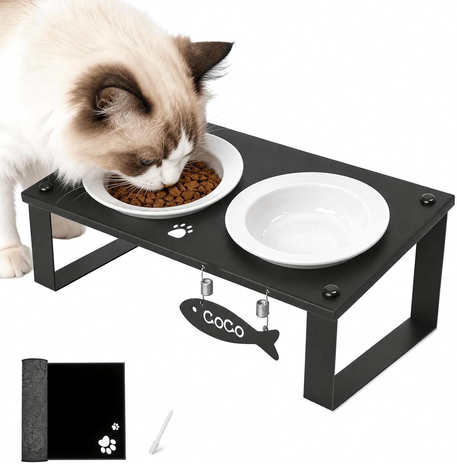Elevated Cat Bowls with Mat for Kitten Puppy, 10° Tilted Raised Cat Food & Water Bowl Stand Anti-Vomiting, 2 Wide Shallow Ceramic Bowls, Whisker Friendly, 3.5″ Tall