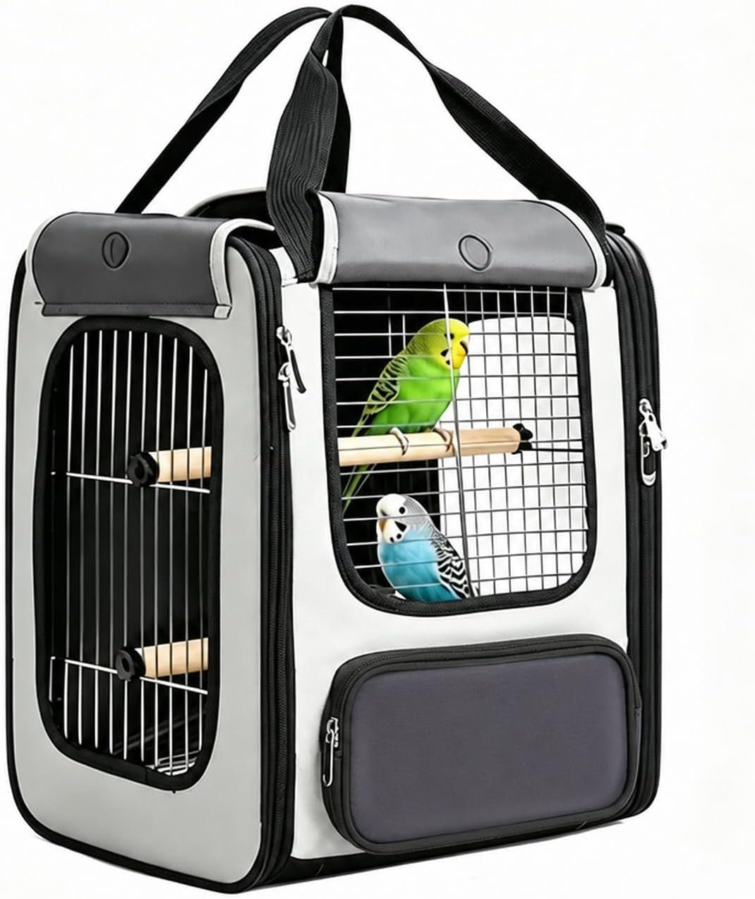 Bird Carrier Backpack, Breathable 3-Side Metal Mesh Bird Cage with Skylight, Large Opening Portable Travel Pet Cage for Parrot, Parakeet, Wildbird,Gray,Luxury