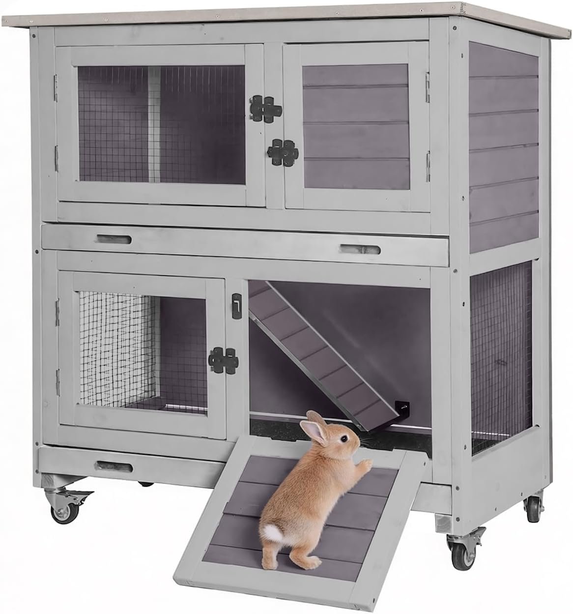 GUTINNEEN 2-Story Rabbit Hutch for 1-2 Bunnies – Indoor Outdoor Wooden Guinea Pig Cages with 4 Wheels, 2 Pull-Out Trays, 5 Doors & Waterproof Asphalt Roof, Gray