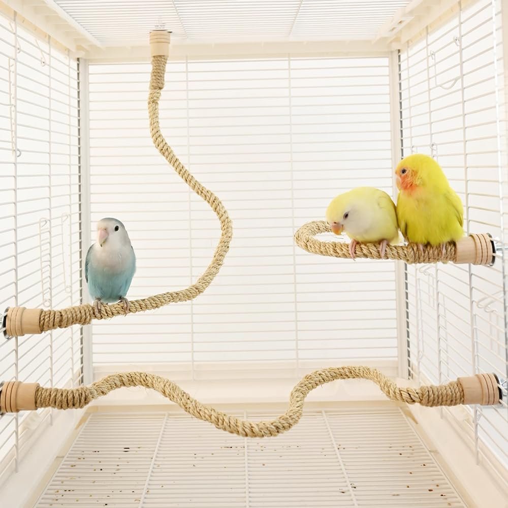 3 Pack Natural Sisal Rope Bird Perch Set, Bendable Parrot Climbing Rope Perch with Wooden Ends (15.7″/23.6″/31.5″), Flexible Bird Stand Toy for Lovebirds, Cockatiels, Conures, Budgies, Finches