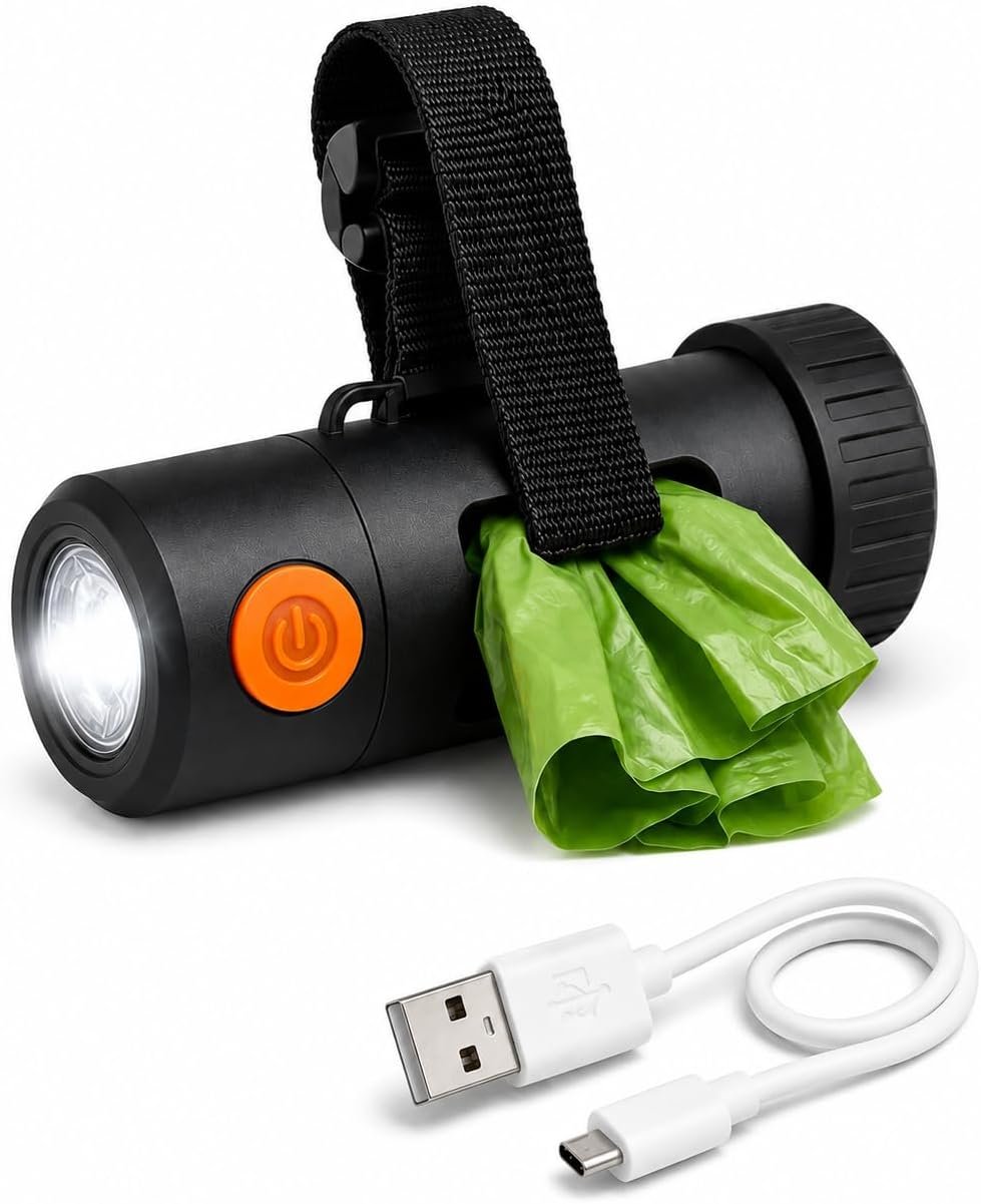 Smart Poop Bag Holder With LED Light – No Batteries Needed – USB-C Rechargeable Special Retracting Function Compact Durable Lightweight Perfect Pet Gift poop bags not included