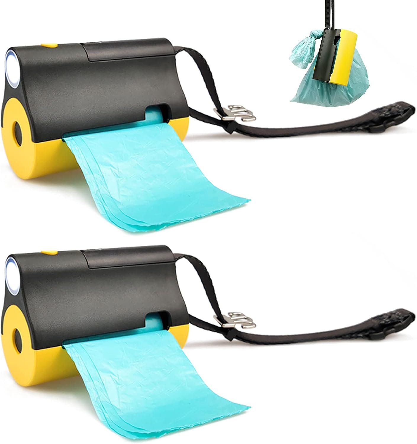 3 in 1 Dog Poop Bags Holder with Built-in LED Flashlight for Leash and Metal Clip for Hanging Used Bag Bi-Color Dog Poop Dispenser with Wristler (Black&Yellow, 2 Holder 30 Bags)