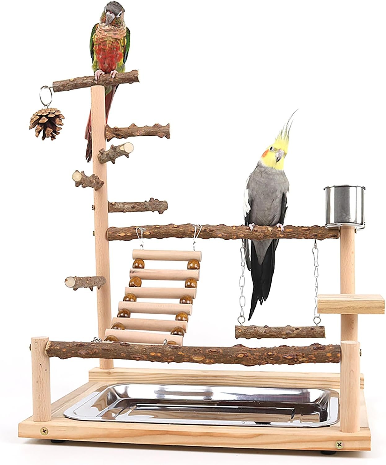 RoseFlower Bird Playground, Parrots Wooden Playstand, Birdcage Playground Play Gym Parakeet Playpen Ladder with Feeder Cup and Tray, Bird Toys Swing Exercise Toy