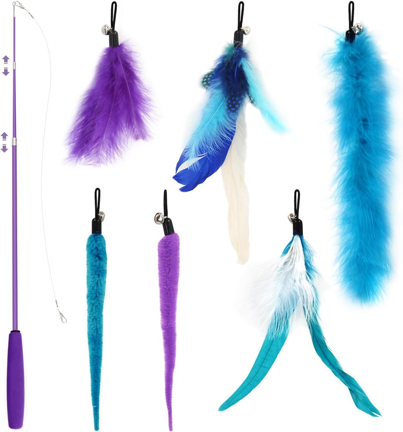 SONGWAY Interactive Cat Feather Toy Set – Retractable Teaser Wand with 6 Pcs Feather Refills with Bell, Cat Wand Toys for Indoor Cats Kittens Play Chase Exercise, Blue