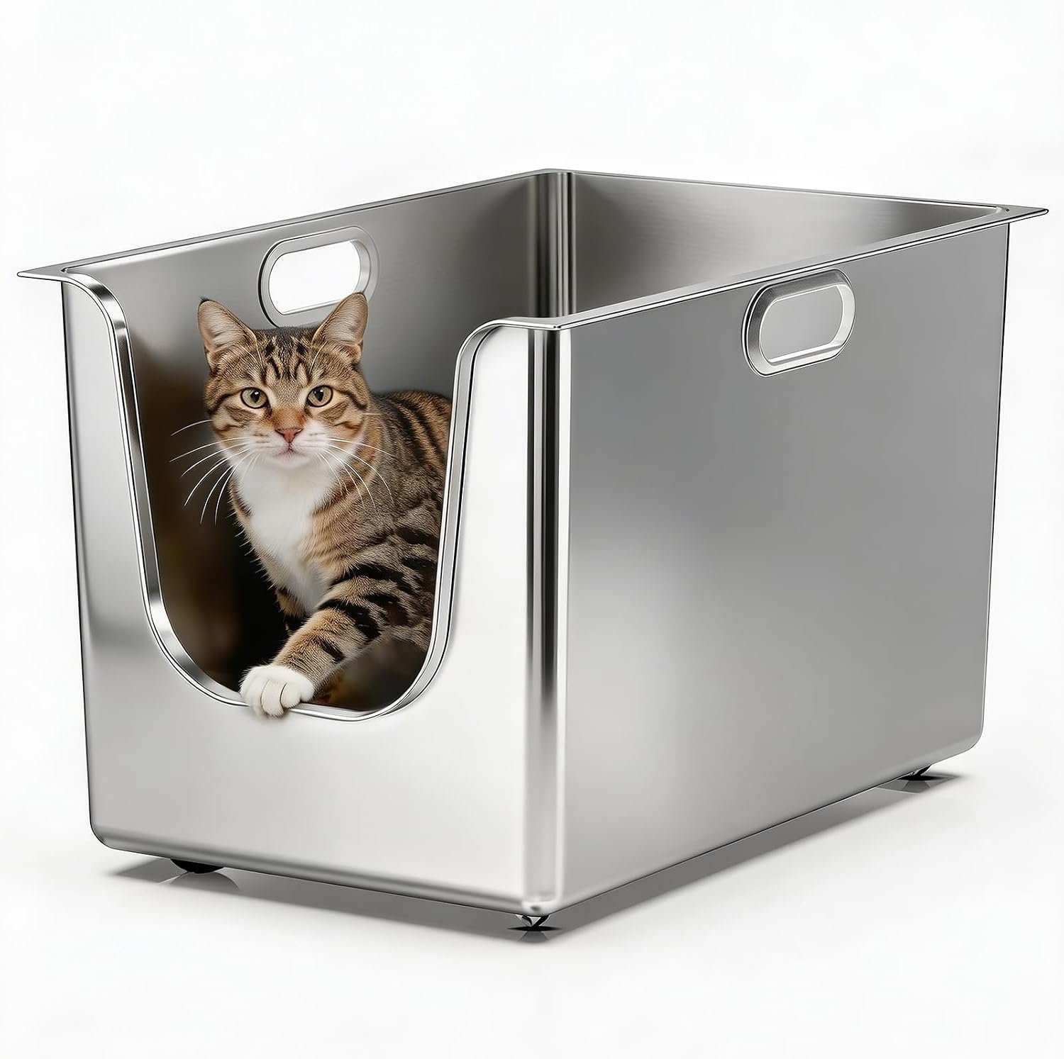 Stainless Steel Litter Box 13.7” High Sides, XL Metal Cat Litter Box with Curved Low Entry, Cat Litter Pan for Big & Multiple Cats, Pet Toliet with Handy Wheels for Easy Moving