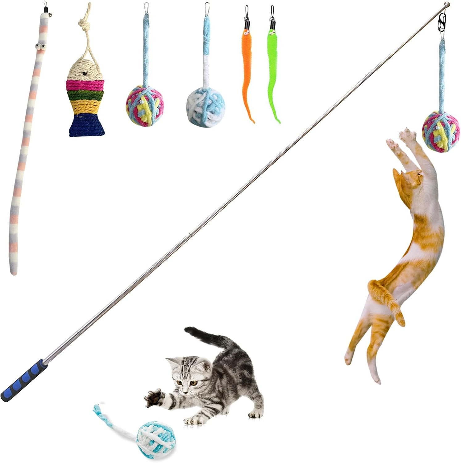 Retractable Cat Wand, 7 Pack Super Long 55.1″ Wand Toy with Ball of Yarn, Feather Teasers – Interactive Indoor Cat Toys for Kittens & Cats