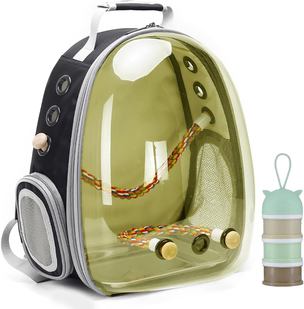 Bird Traval Carrier Cage, Polarized Tinted Brown Space Capsule Astronaut Backpack to Carry Parakeet Cockatiel Parrot with Metal Tray Bird Feed Wood Perch, Vet Transport Bag