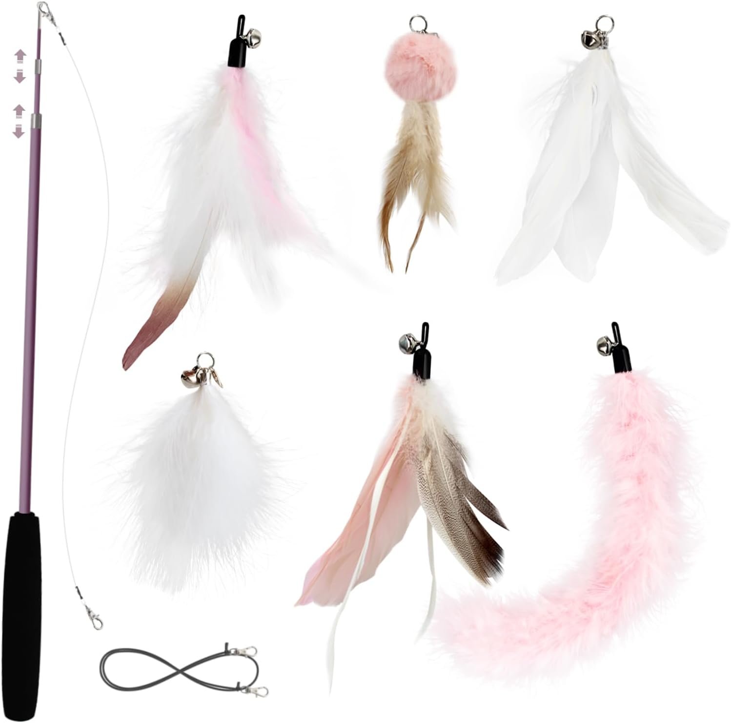 SONGWAY Interactive Cat Feather Toy Set – Retractable Teaser Wand with 6 Pcs Feather Refills with Bell, Cat Wand Toys for Indoor Cats Kittens Play Chase Exercise, Light Pink