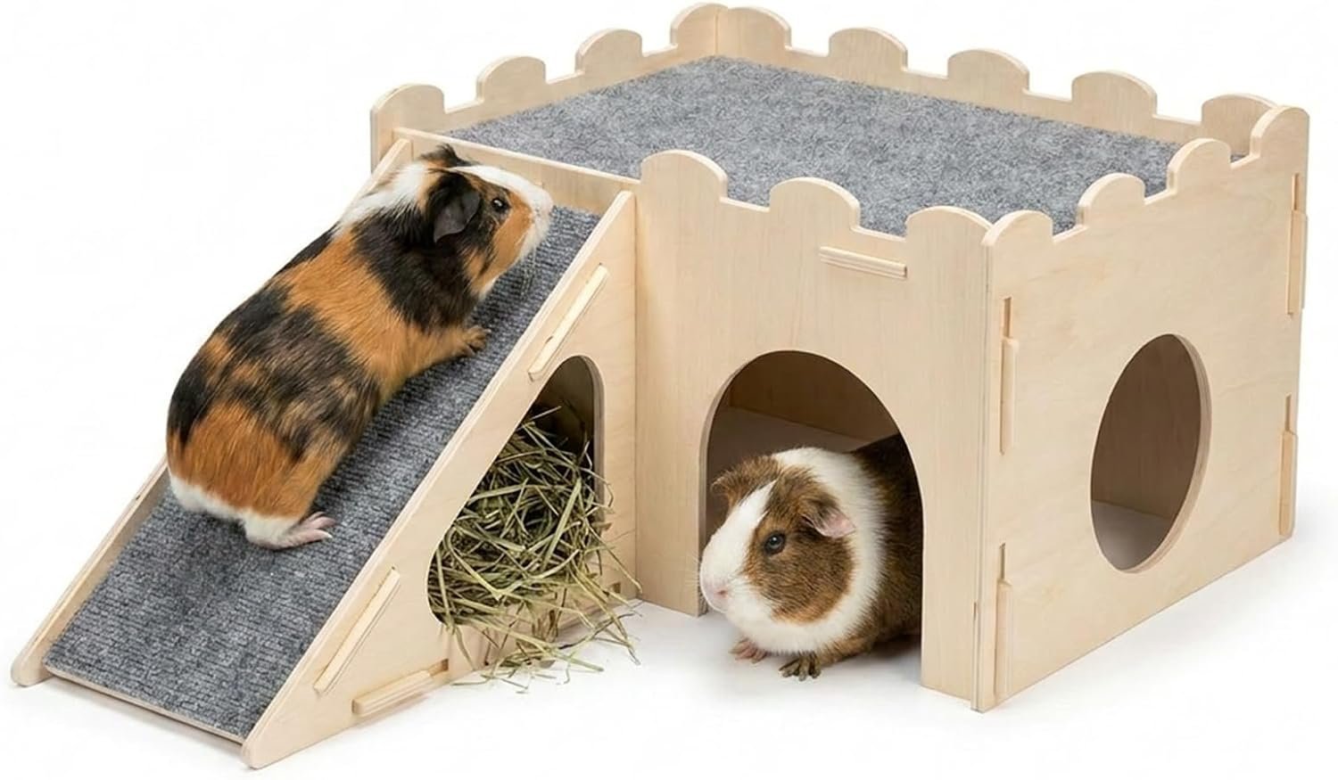 Wooden Guinea Pig Hideout with Ramp and Hay Holder
