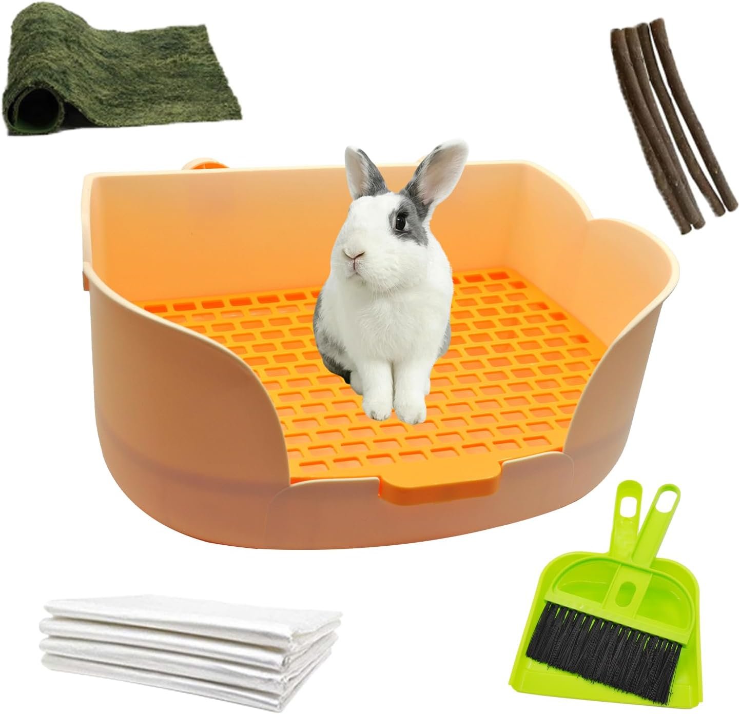 15.1″X11.0″ Large Rabbit Litter Box,Plastic Square Rabbits Potty Trainer with Bigger Pan Bunny Corner Toilet Box with Small Animal Disposable Liner for Guinea Pigs Hamster Chinchilla(Orange)