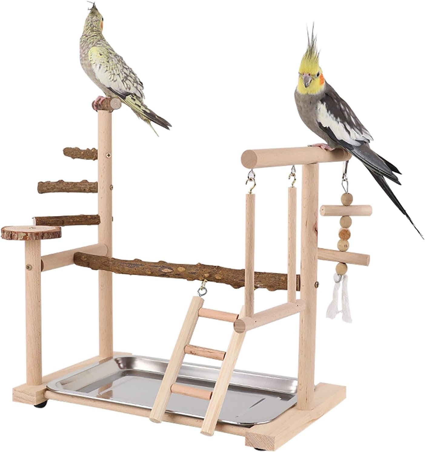 Bird Playground, Parrot Playstand, Bird Cage Accessories, Wooden Exercise Perches Ladder Swing with Removable Tray, for Parakeet Conure Cockatiel