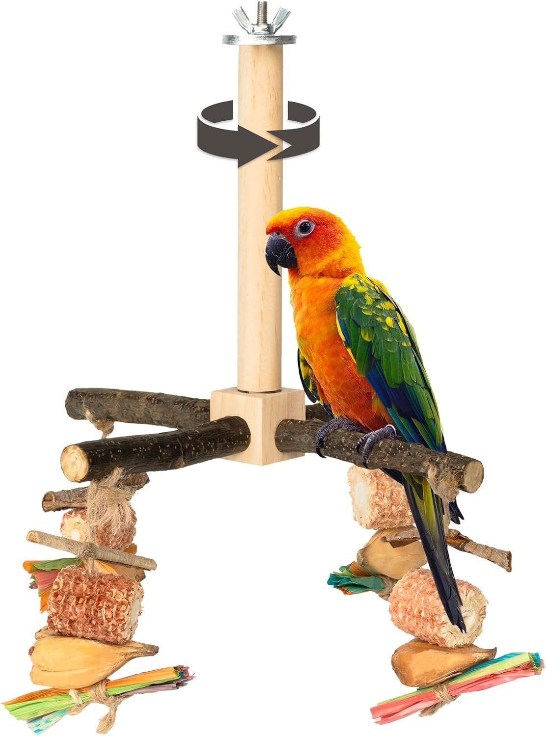 Agape Rotating Parrot Perch with Chew Toy, Wooden Stand for Small Birds