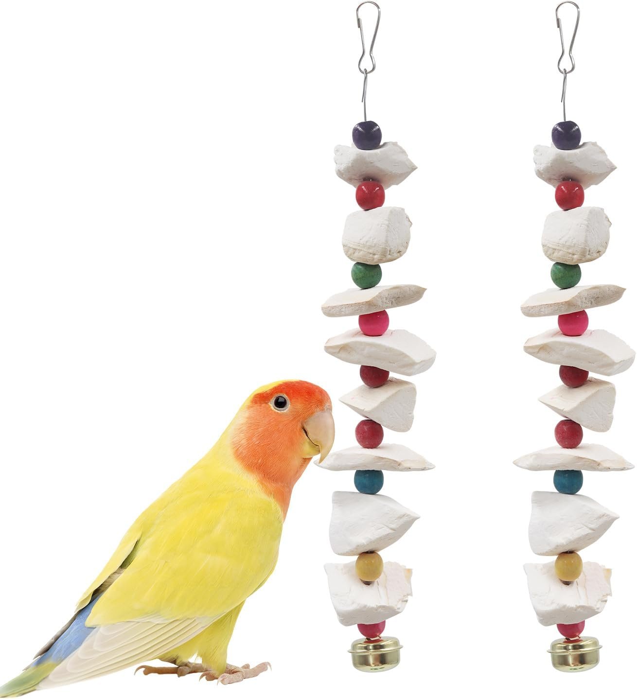 2 Pack Bird Toys with Cuttlebone, Parakeet Toys, Bird Beak Grinding Stone, Cage Accessories for Parakeets, Cuttlefish Bone for Budgies, Cockatiels, Lovebirds, Green Cheeks, Small to Medium Birds