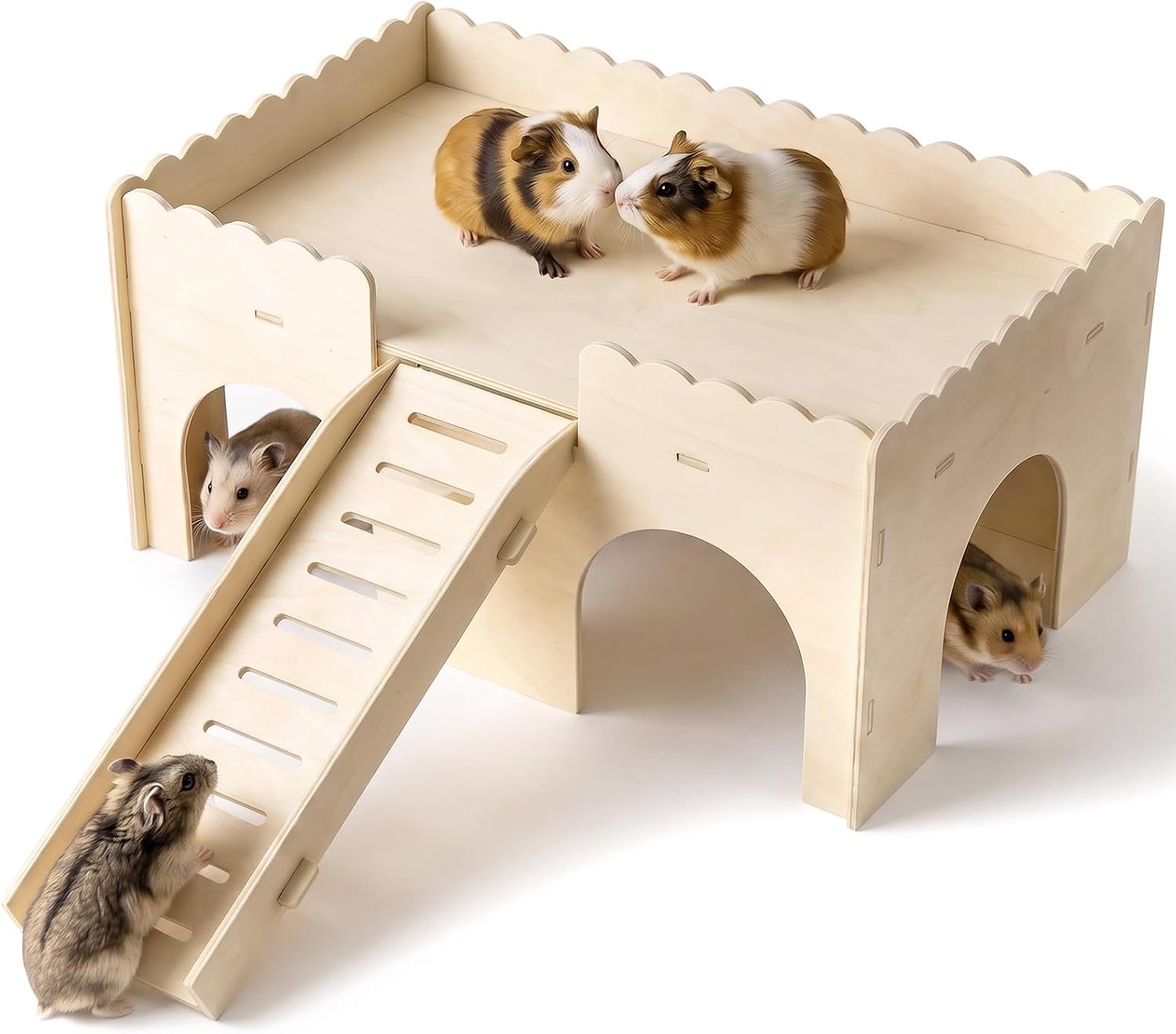 Large Guinea Pig Hideout, Upgraded Wooden Guinea Pig Castle with Ramp, Easy Assemble Guineas Pigs House for Small Animal Habitat, Hamster Hideouts, Rabbit Hideout, 15.0 x 10.0 x 7.2 Inches