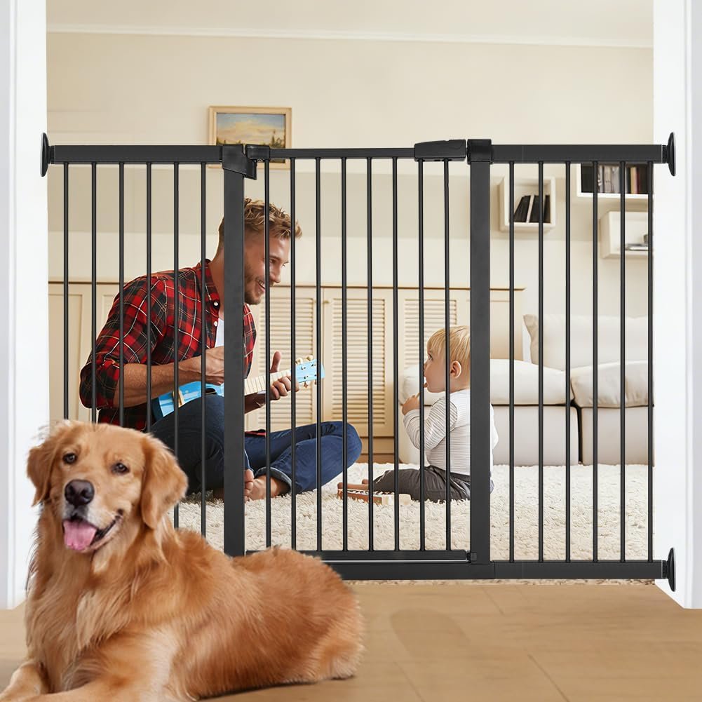 60.2″-65.7″ Extra Wide Baby Gate for Doorways Hallways, 30 in Tall Dog Gates with Door No Drill, Auto Close Child Safety Gate for Pet Kid Doggie Cat Proof, Large Long Dog Barrier Indoor House, Black