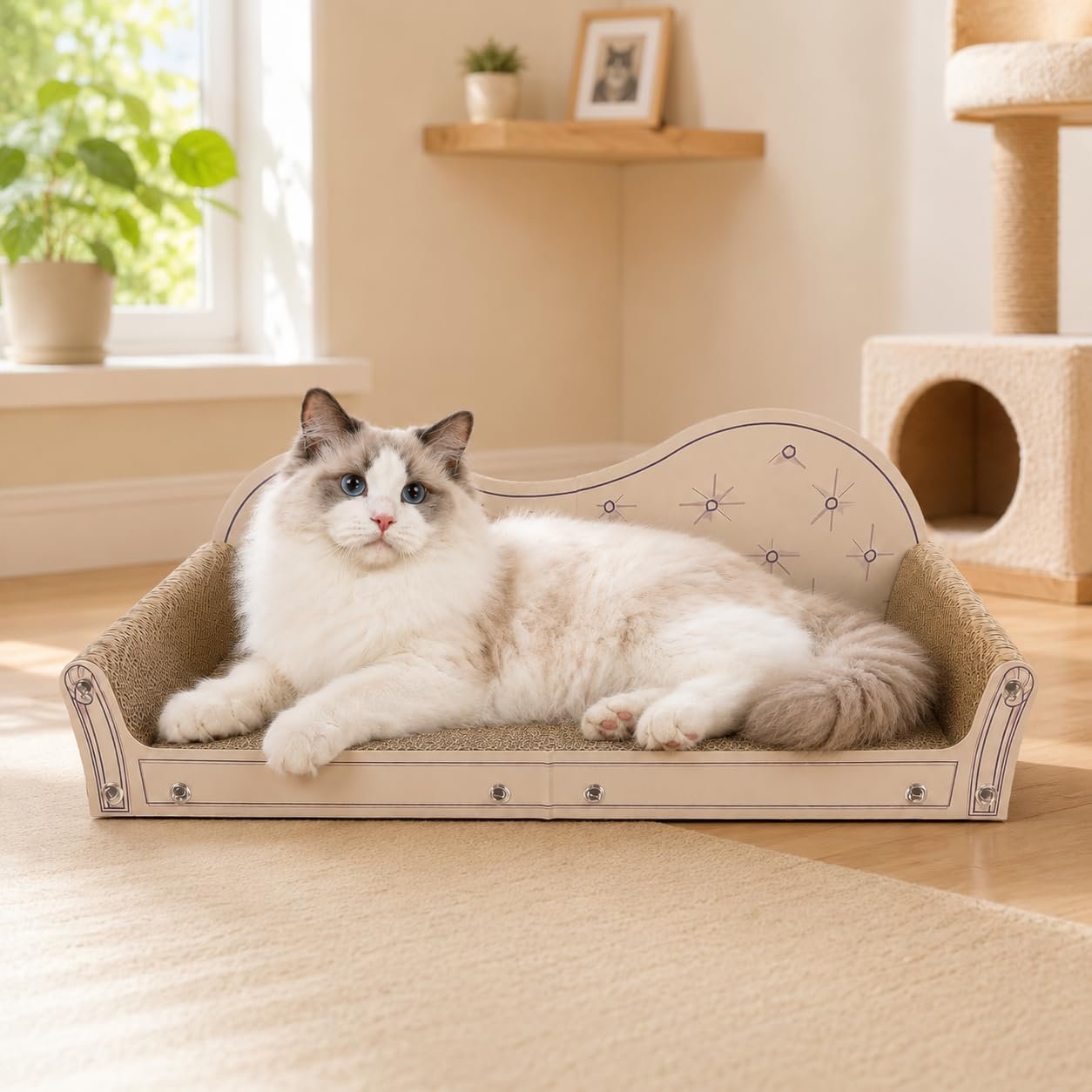 Cat Scratcher Couch, 26’’ Large Cardboard Scratcher Bed – Orthopedic Pet Lounge with Scratching Pad, Furniture Protector for Indoor Cats