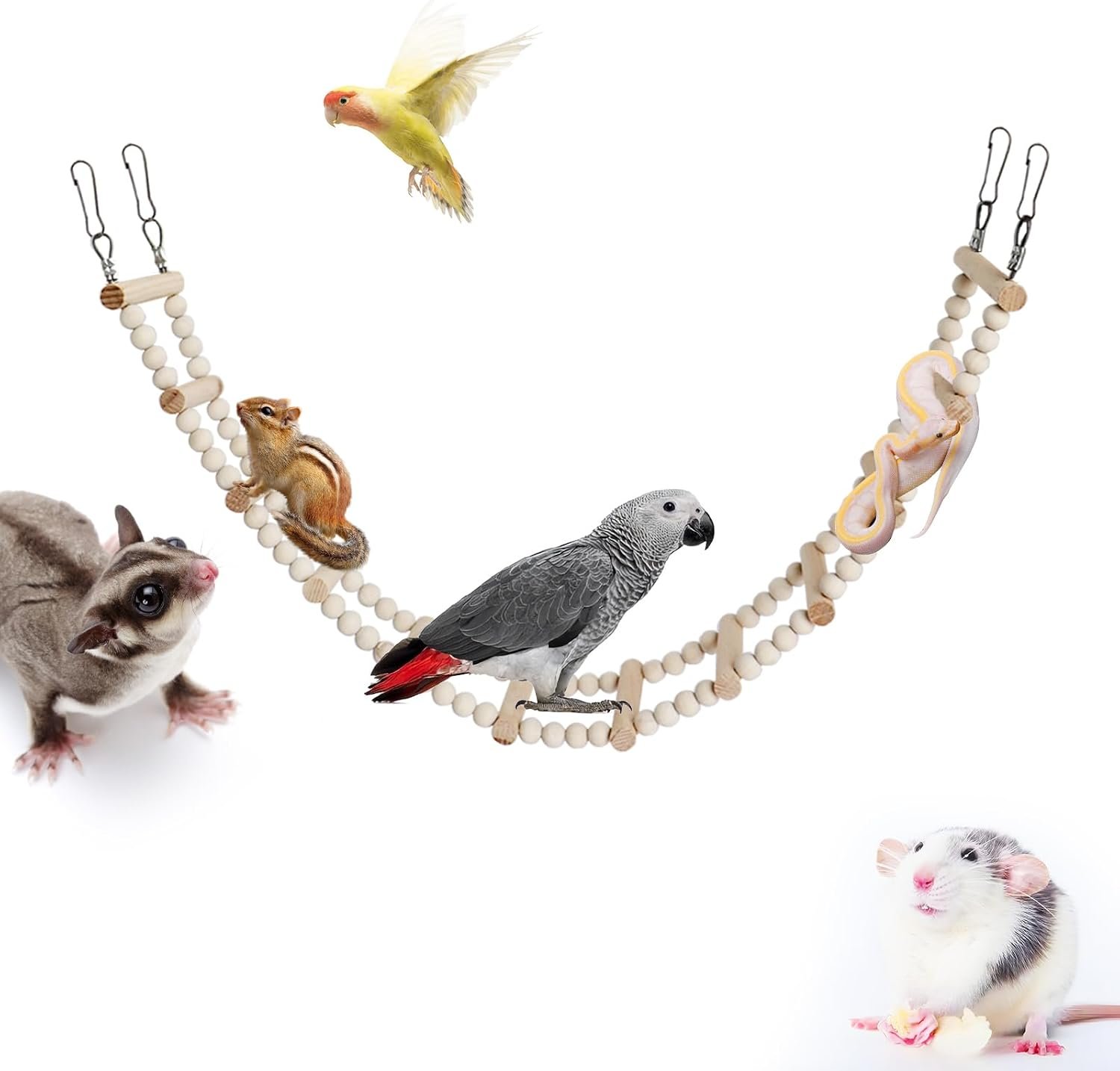 Long Bird Ladder with Wooden Rungs and Beads, Parakeet Climbing Swing Toys, Bird Cage Accessories, Wooden Climbing Bridge Toys for Parrots, Rat, Sugar Gliders, Squirrels, Snakes