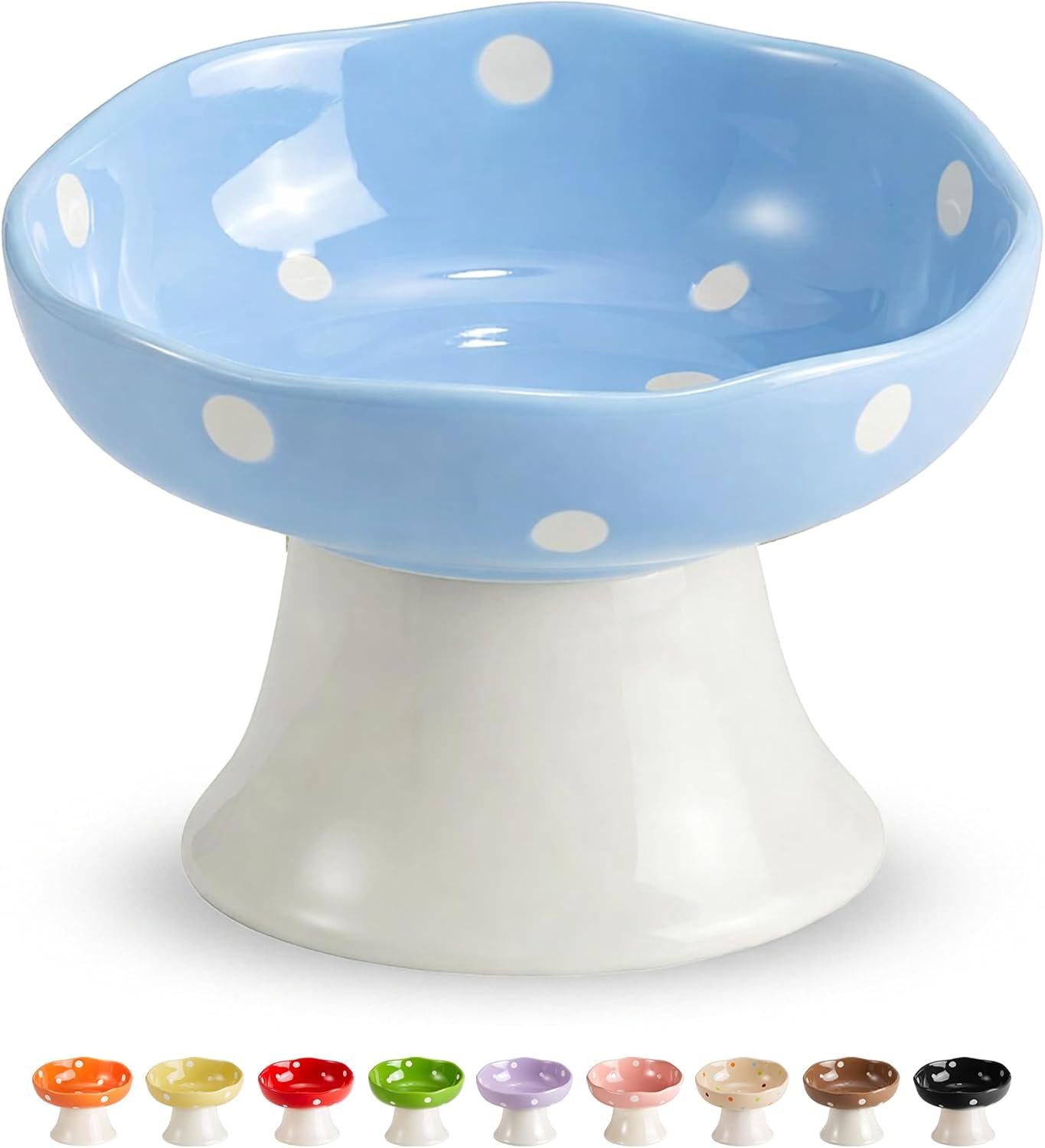 Blue Mushroom Cat Bowl, Elevated Ceramic Bowl for Cats