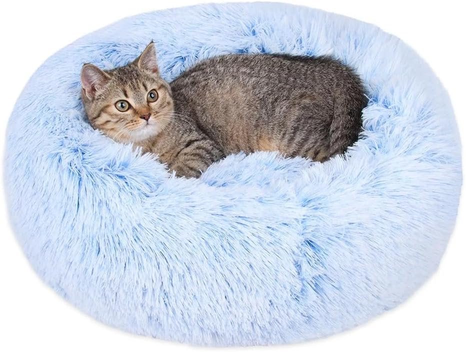 Cat Beds for Indoor Cats – Cat Bed Washable 20/24 inches, Dog Beds for Small Medium Dogs, Anti Anxiety Round Fluffy Plush Faux Fur Cat Bed, Thick Bottom (Cornflower Blue, Medium)