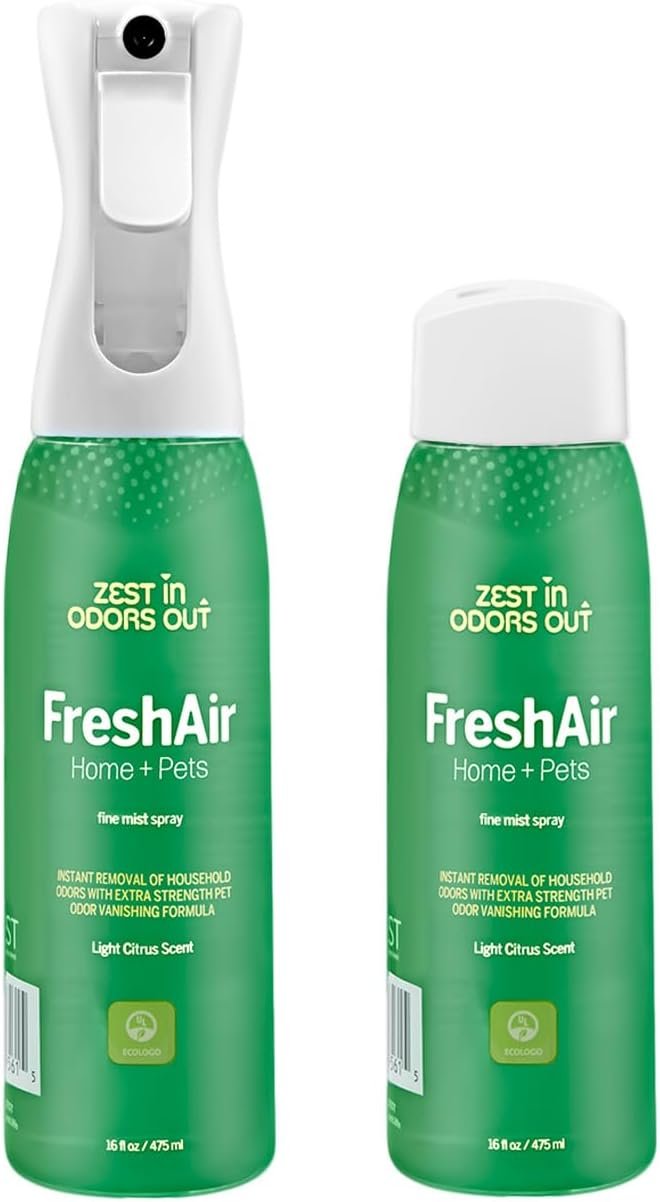 House of Zest FreshAir Home & Pets Odor Eliminator Spray for Home, Pet Odor Remover for Pet, Litter Box, Dog Pee, Cat Urine Odors, Chemical-Free, Plant-Based, Light Citrus Scent, 16 Fl Oz (Pack of 2)
