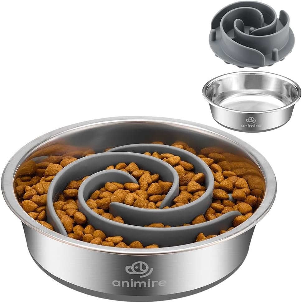 2-in-1 Metal Dog Bowl with Slow Feeder Insert, Stainless Steel Dog Bowls Food Grade 304, Water Food Bowl with Anti-Slip Silicone Base for Small, Medium, Large Breed Dogs