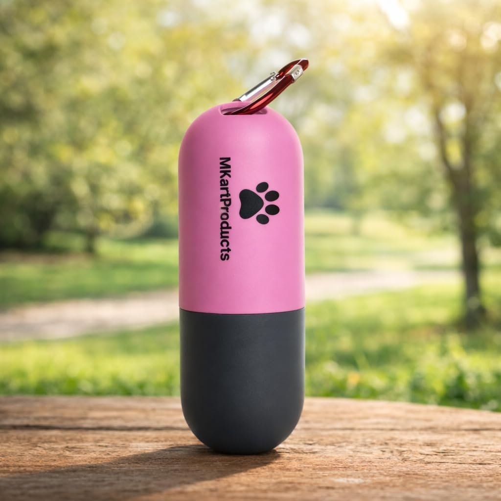 Portable Dog Poop Bag Dispenser with LED Flashlight, Refillable Waste Bag Holder with Carabiner Clip (Pink)