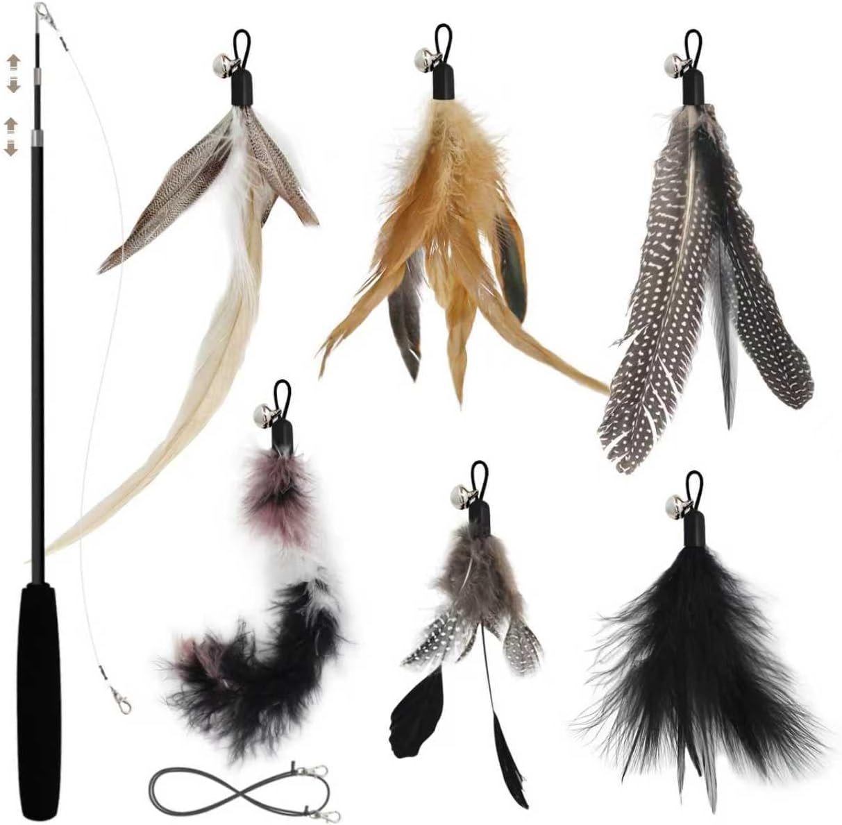 SONGWAY Interactive Cat Feather Toy Set – Retractable Teaser Wand with 6 Pcs Feather Refills with Bell, Cat Wand Toys for Indoor Cats Kittens Play Chase Exercise, Black
