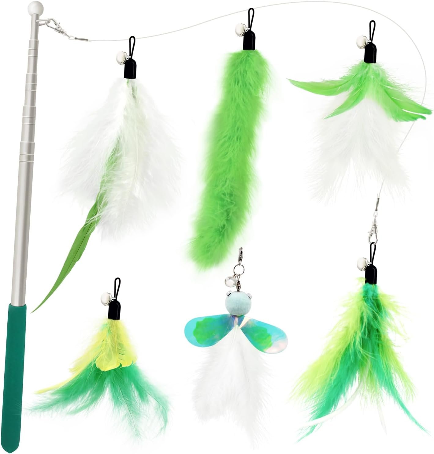 SONGWAY Cat Feather Toys Wand – 7 Pcs Interactive Cat Toys for Indoor Cats Kittens, Retractable Cat Wand with 6 Feather Teaser Refills with Bell, Cats Fishing Pole Toy, Green