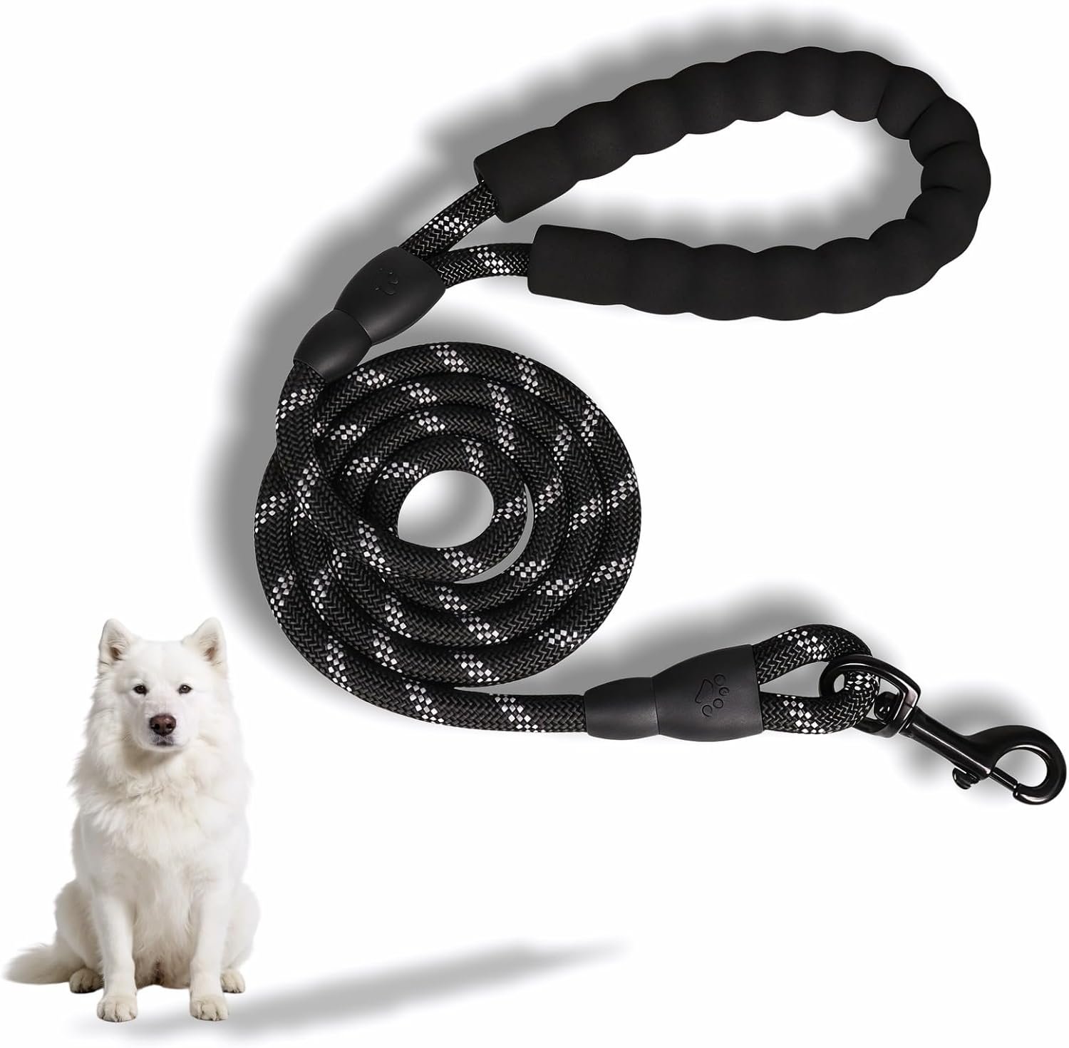 Heavy Duty Dog Leash, Black, High-Density Nylon Rope, 6 ft, Padded Foam Handle, Reflective, 360° Rotating Metal Buckle
