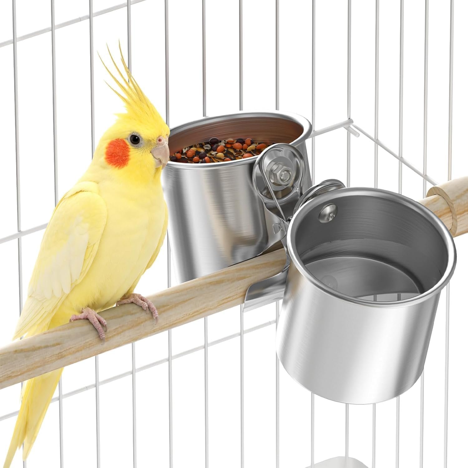 Pawfly Bird Cage Feeding Double Cups Stainless Steel Cups with Clamp Design