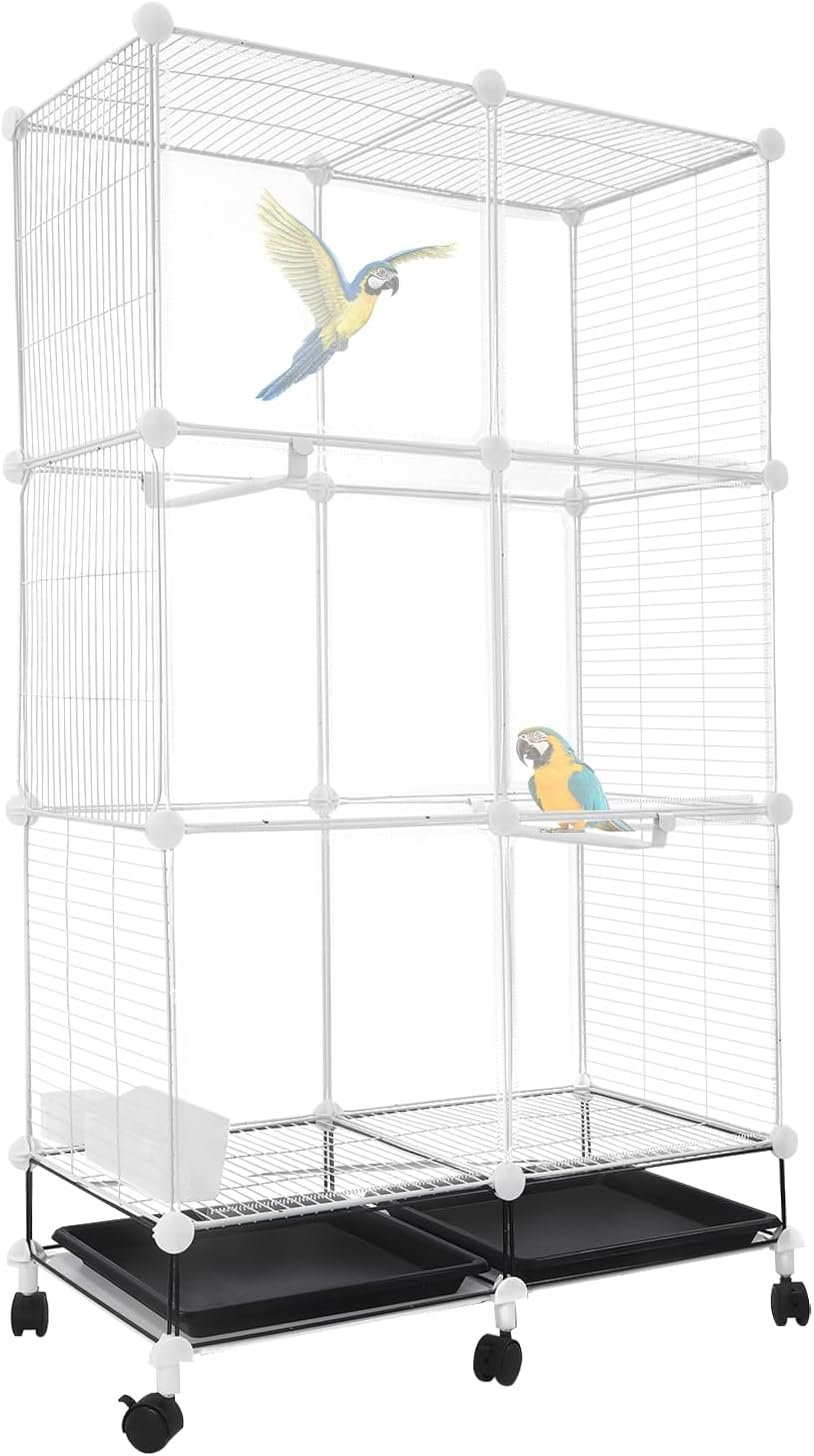 49 Inch Bird Cage, Metal Parakeet Cage with Slide-Out Tray, Water Bottle & Feeder, Freestanding Bird Cage with 6 Wheels for Parrot, Cockatiel, Lovebird, Pigeon and Small Mid-Sized Birds (White Clear)