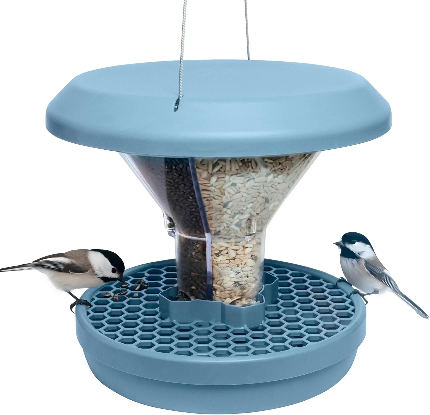 SWISSINNO Bird Feeders – No Mess Hanging Bird Feeder for Outdoors – Smart Birds Davos Spill Proof Wild Cardinal & Small Bird Feeder with Integrated Seed Catcher Tray – Dual Chamber – Light Blue