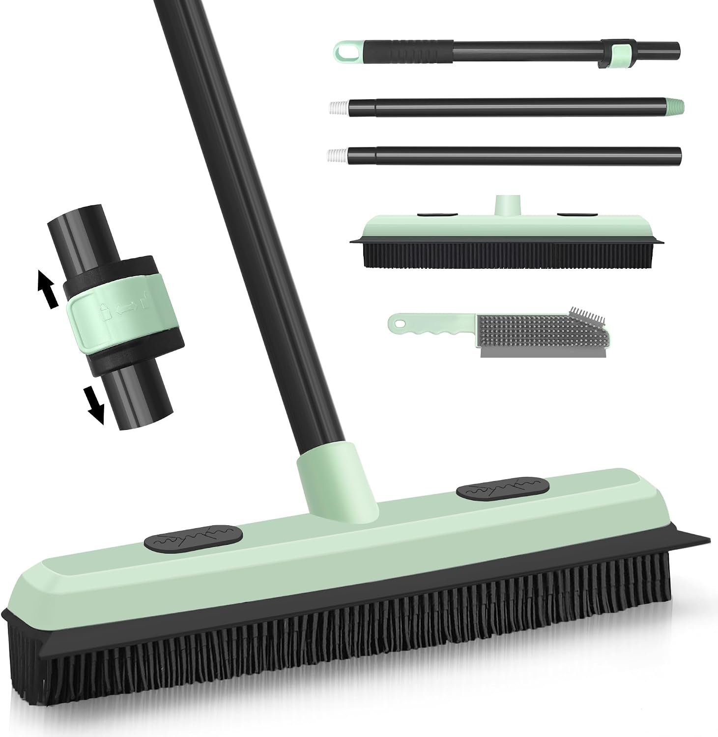 Upgraded Rubber Broom Pet Hair Remover with Squeegee 57.9” Carpet Rake Fur Sweeper Small Detailing Lint Brush to Fluff Carpet Rug Tile Hardwood Floor