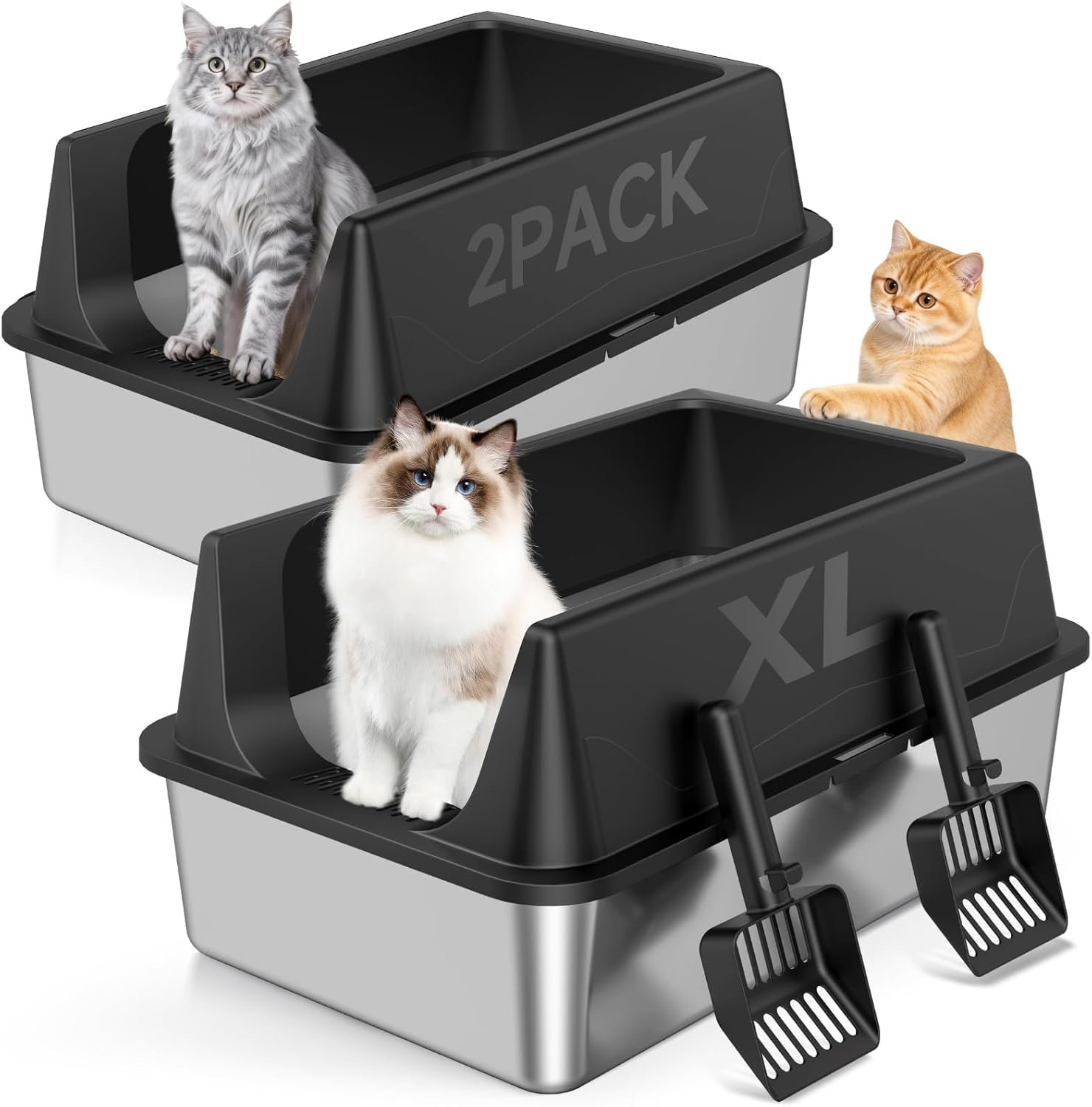2 Pack XL Stainless Steel Litter Box with High Sides for Large Cat