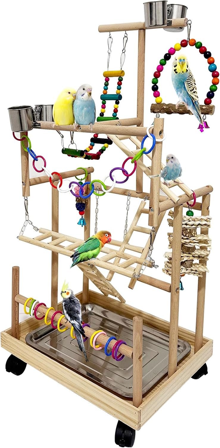 5 Layers Large Bird Playstand with Wheel, Natural Wood Parrot Playground, Parakeet Perch Stand Small Bird Playgym with Ladder Toy Accessories for Cockatiel Cockatoo Finch Budgie Lovebird