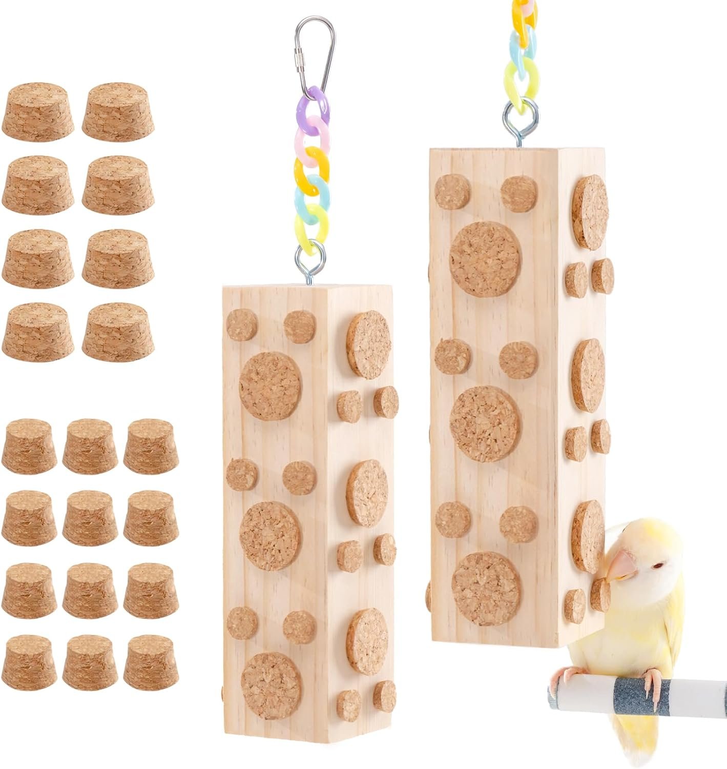 2 Pcs Wooden Bird Chew Toys – 7.9″ Hanging Parrot Toys, 92 Detachable Corks