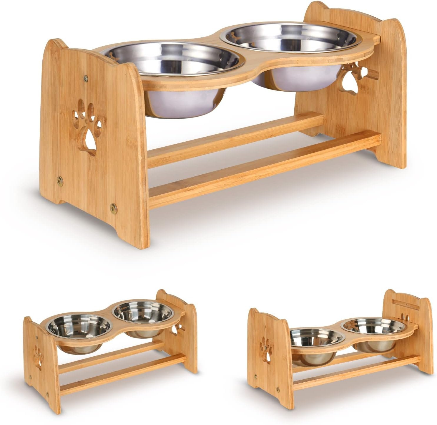 X-ZONE PET Elevated Dog Bowls for Cats and Dogs, Adjustable Bamboo Raised Dog Bowls for Medium Dog, Food and Water Set Stand Feeder with 2 Stainless Steel Bowls and Anti Slip Feet (Height 4.7″ to 7″)