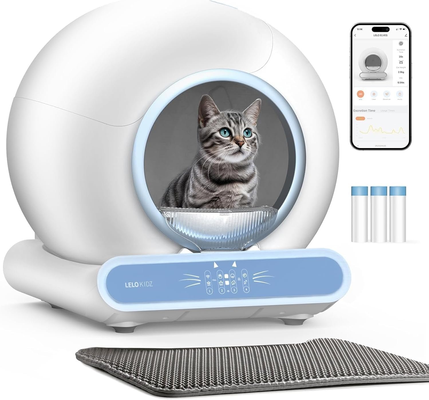 Self Cleaning Litter Box, Integrated Safety Automatic Cat Litter Box Self Cleaning 65L+9L for Multiple Cats, App Control, Odor Removal, Includes Mat & 6-Month Liner Supply (3 Rolls) – Blue