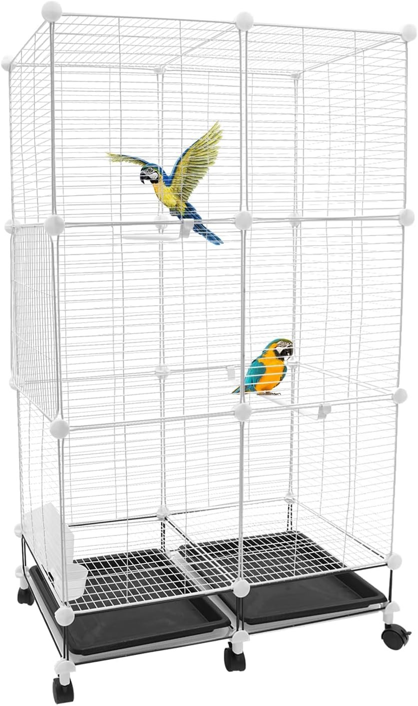 Bird Cage with Stand, 29.5×14.6×49.2in Large Birdcage with Pull-Out Tray, Iron Rolling Bird Cage Stand with Wheels for Parakeets, Parrot, Cockatiel, Pigeon, Finch Cage for Birds(White, Black)