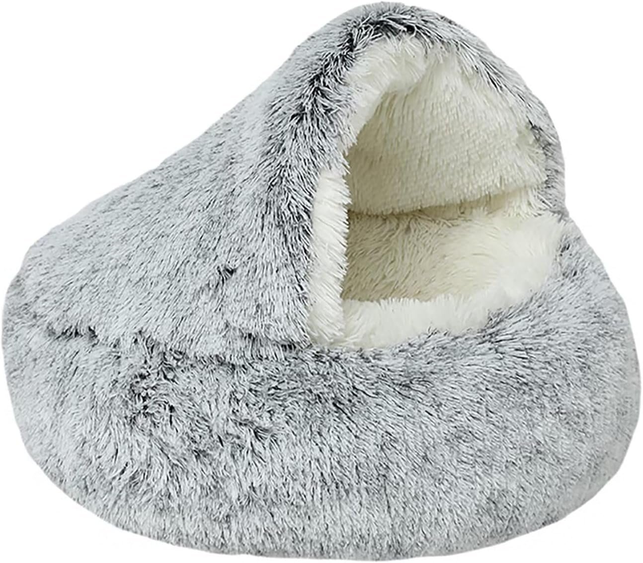 Dog Cave Bed for Small Dogs Cats Pets, Anti Anxiety Calming Plush Dog Beds, Fluffy Covered Hooded Cozy Burrow Puppy Beds, Anti-Slip Bottom Washable Pet Sleeping Bag (20″ D, Grey)