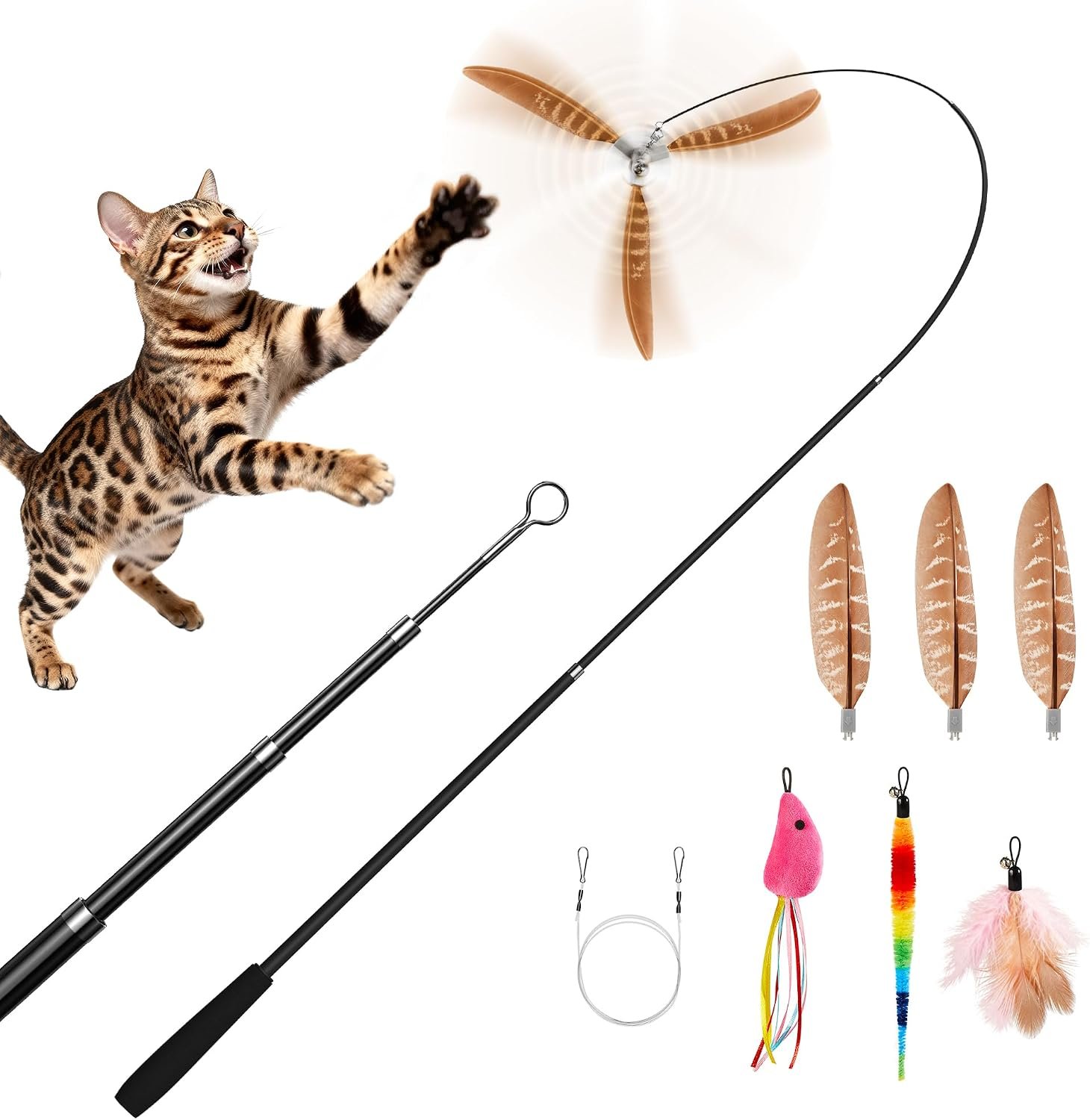 Potaroma Cat Wand Toy, Retractable Carbon Fiber Feather Teaser with Bells