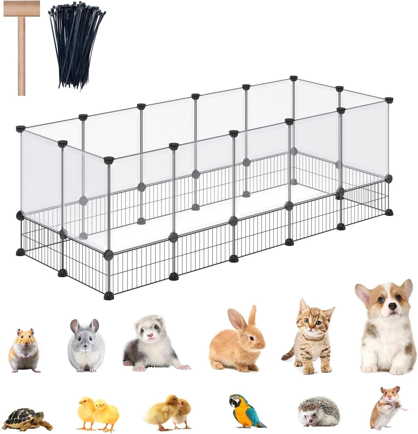 DINMO 28 Panels Bunny Playpen, Iron Net Bottom, 61.4″ L x 25.4″ W x 22.3″ H