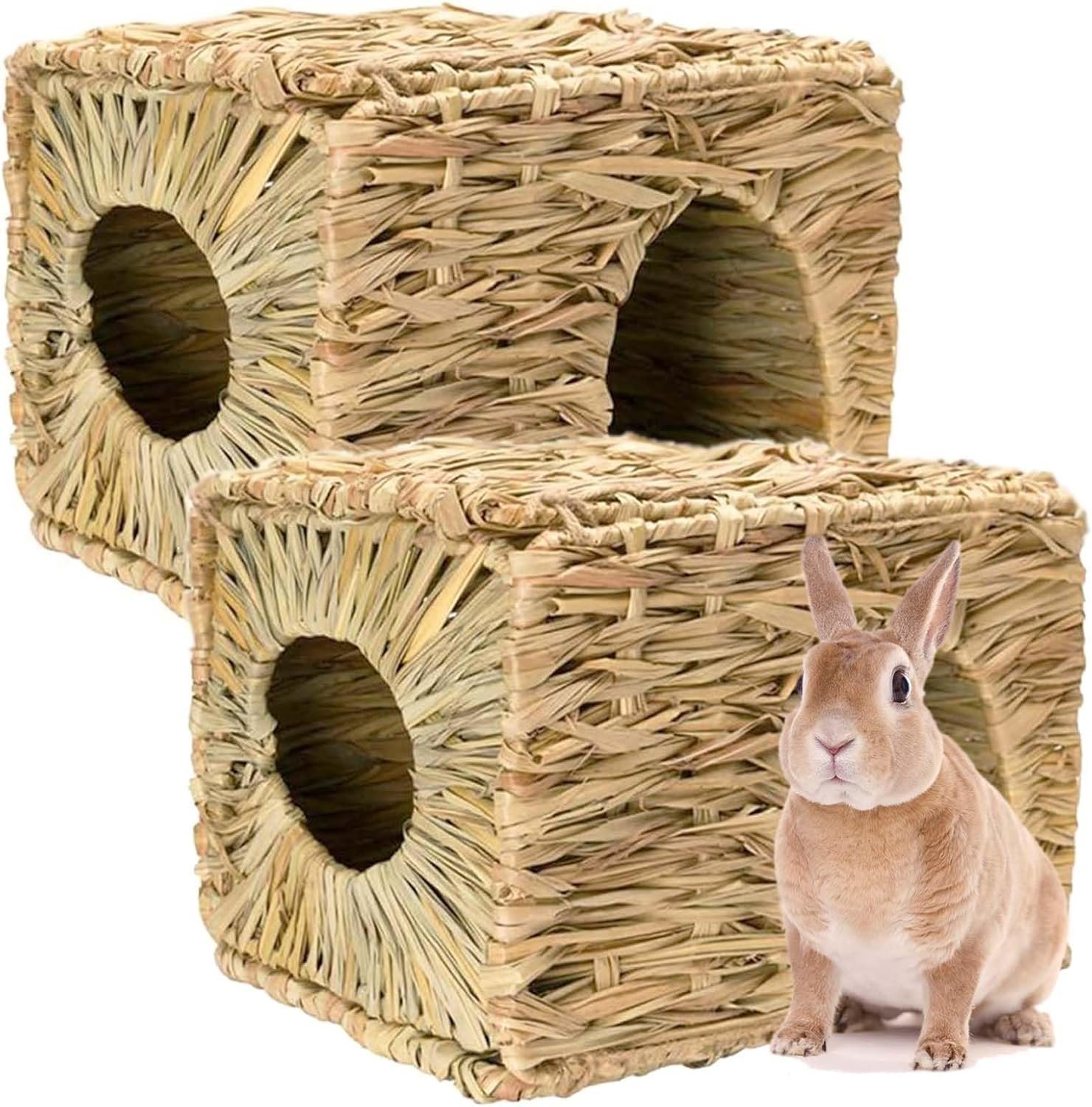 Foldable Grass Woven Animal Hut Bunny House Play Hideaway Bed Mat Chew Toy for Rabbit Guinea Pigs Gerbils Hamster (12″x8″x8″)