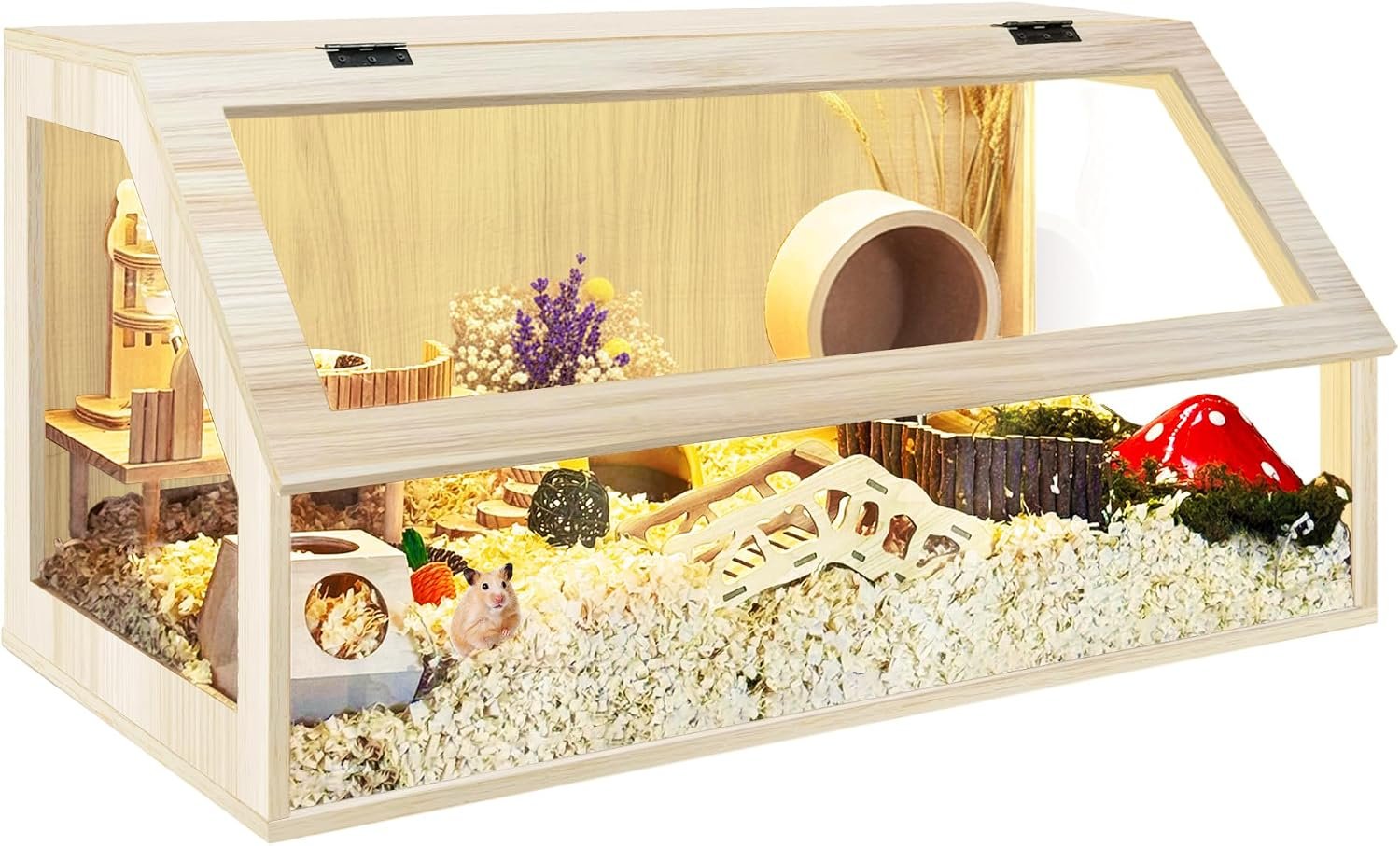PROLEE Hamster Cage Large Chewproof, 40″ x 20″ x 20″ Sloped Mice and Rat Habitat with Clear View, Solid Built with Lockable Design and Openable Top (Oak)