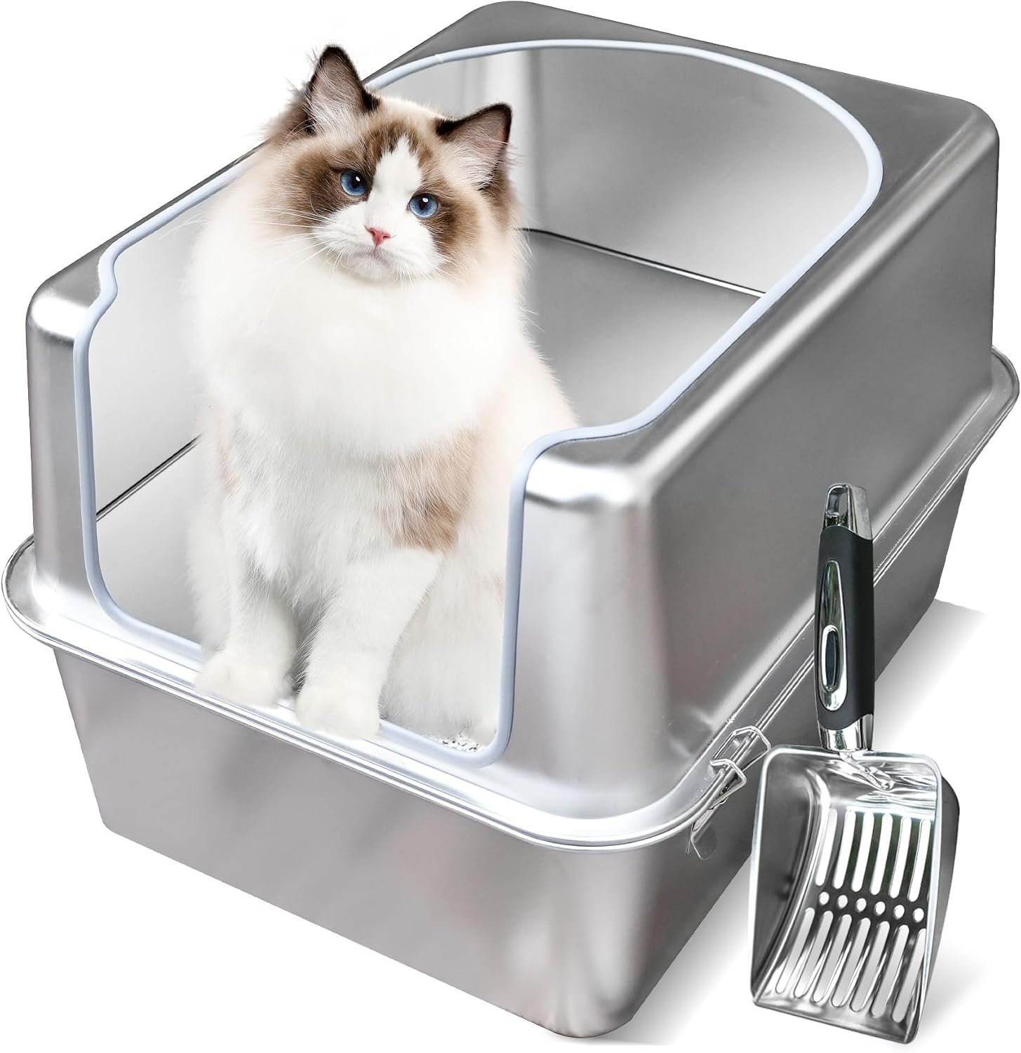 Stainless Steel Litter Box with Metal Lid and Scoop – Enclosed Metal Litter Box for Large Cats, Rust-Resistant, Odor-Control, Easy to Clean, Durable & Long-Lasting with Round Edge (L)