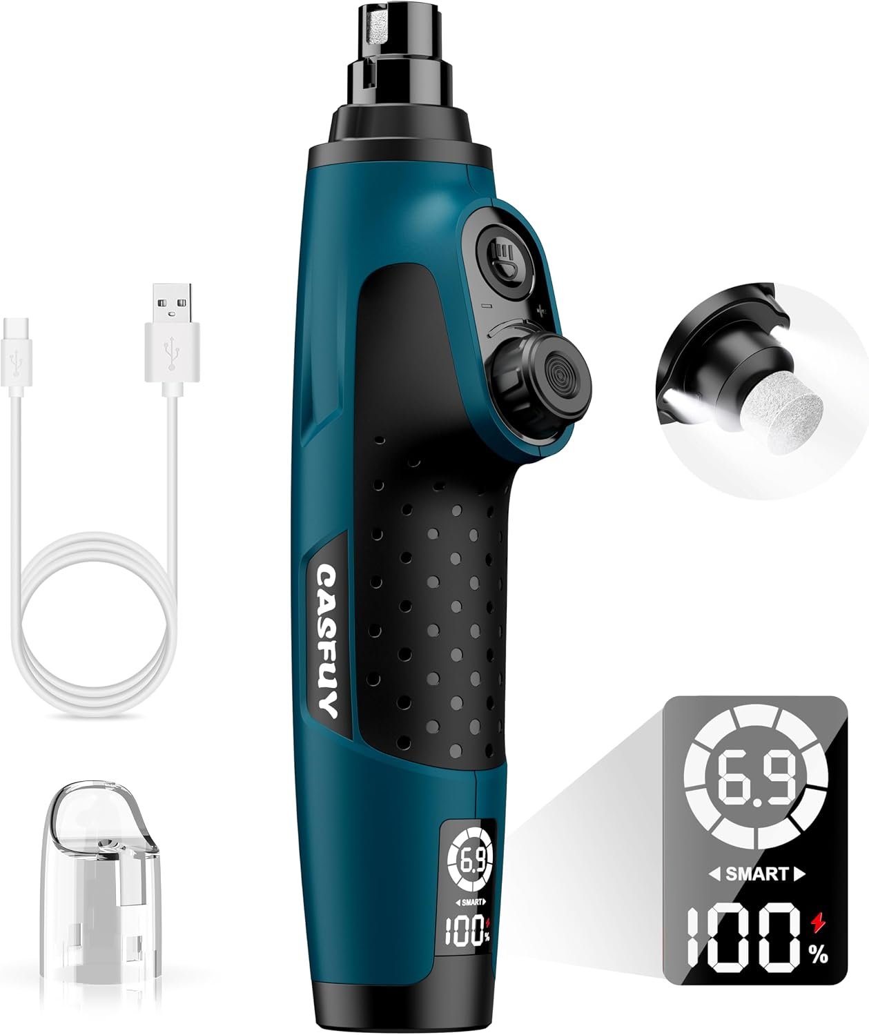 Casfuy Smart 6-Speed Dog Nail Grinder with LED Lights Safe for All Dogs Cat