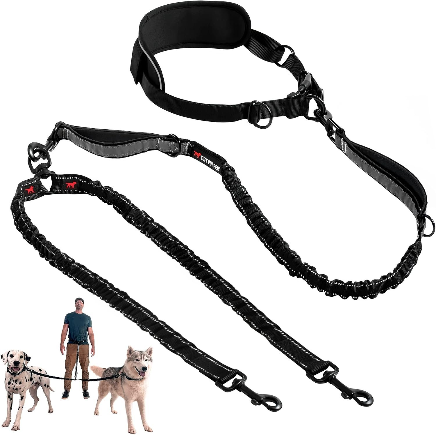 Tuff Pupper Heavy Duty Hands Free Bungee Dog Leash | Two Large Dogs Up to 250 lbs | Comfortable Shock Absorbing Bungee | Reflective Dual Padded Handles | Lumbar Waist Belt 28-50″ | 360° Swivel Clips