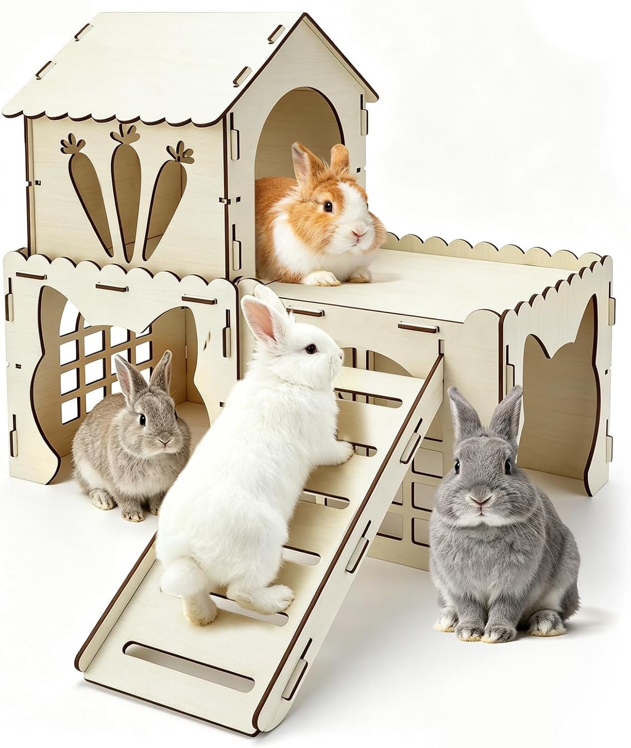 BWOGUE Extra Large Wooden Rabbit Castle, Detachable Bunny Wooden Hideout